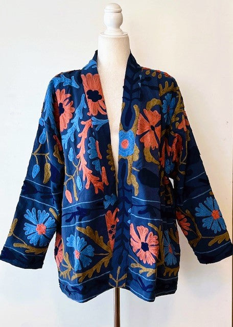 Stunning Suzani Kantha Quilt Short Jacket Is Colorful (Royal)