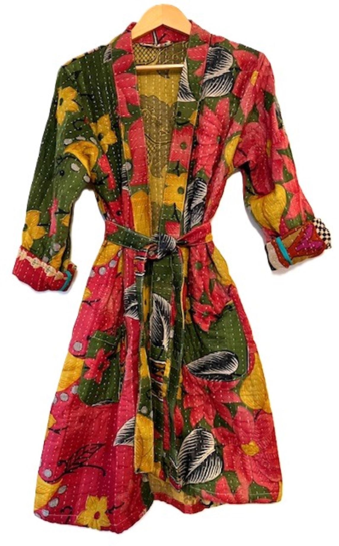 Fully Reversible Cotton Quilted Kimono Duster. Great Print For Year Round Use. (Floral)