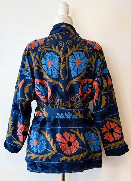 Stunning Suzani Kantha Quilt Short Jacket Is Colorful (Royal)