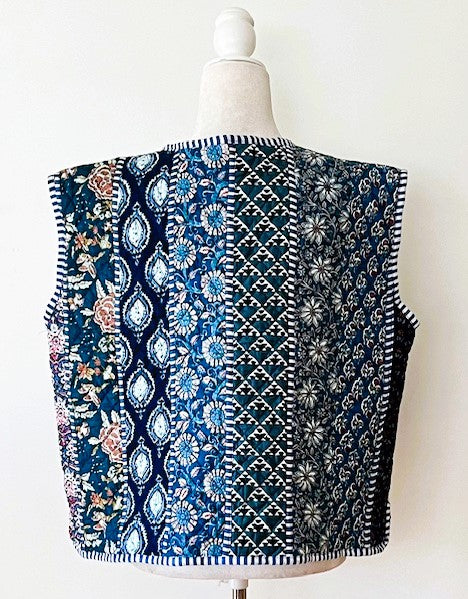 Designer Handmade Patchwork Vest In Navy. Fully Reversible Stripe.