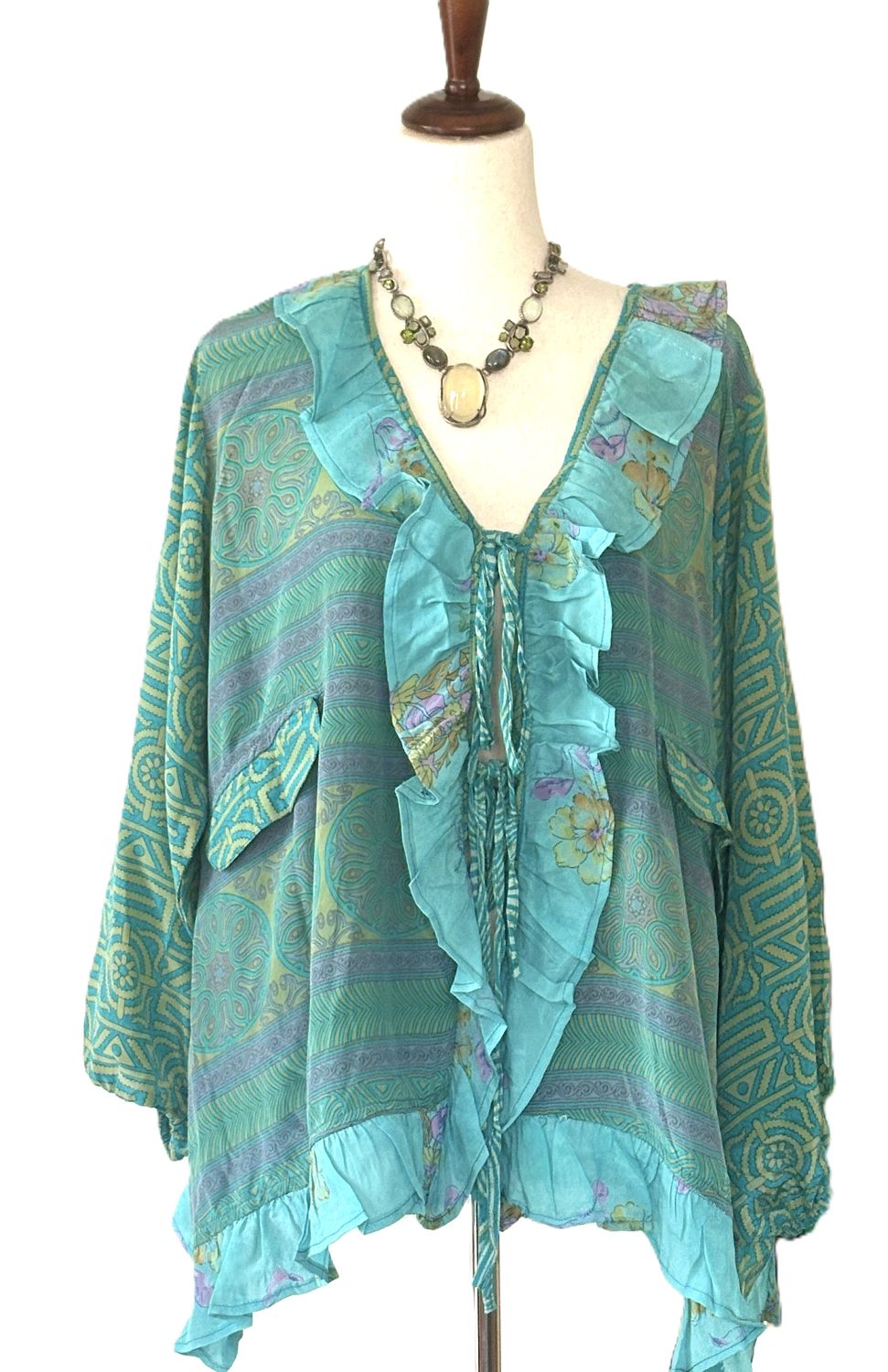 Kantha Bae Crepe Sari Ruffle Daisy Blouse (Aqua Mint).