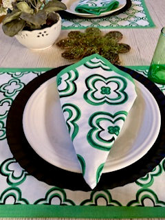 Table Linens, Geometric Placemats Fully Reversible. Green (Set of 4) Matching Napkins.