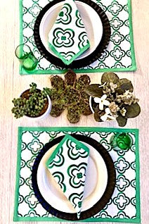 Table Linens, Geometric Placemats Fully Reversible. Green (Set of 4) Matching Napkins.