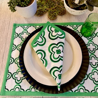 Table Linens, Geometric Placemats Fully Reversible. Green (Set of 4) Matching Napkins.
