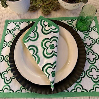 Table Linens, Geometric Placemats Fully Reversible. Green (Set of 4) Matching Napkins.