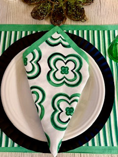 Table Linens, Geometric Placemats Fully Reversible. Green (Set of 4) Matching Napkins.