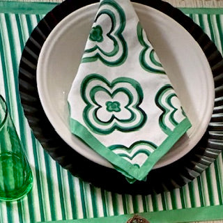 Table Linens, Geometric Placemats Fully Reversible. Green (Set of 4) Matching Napkins.