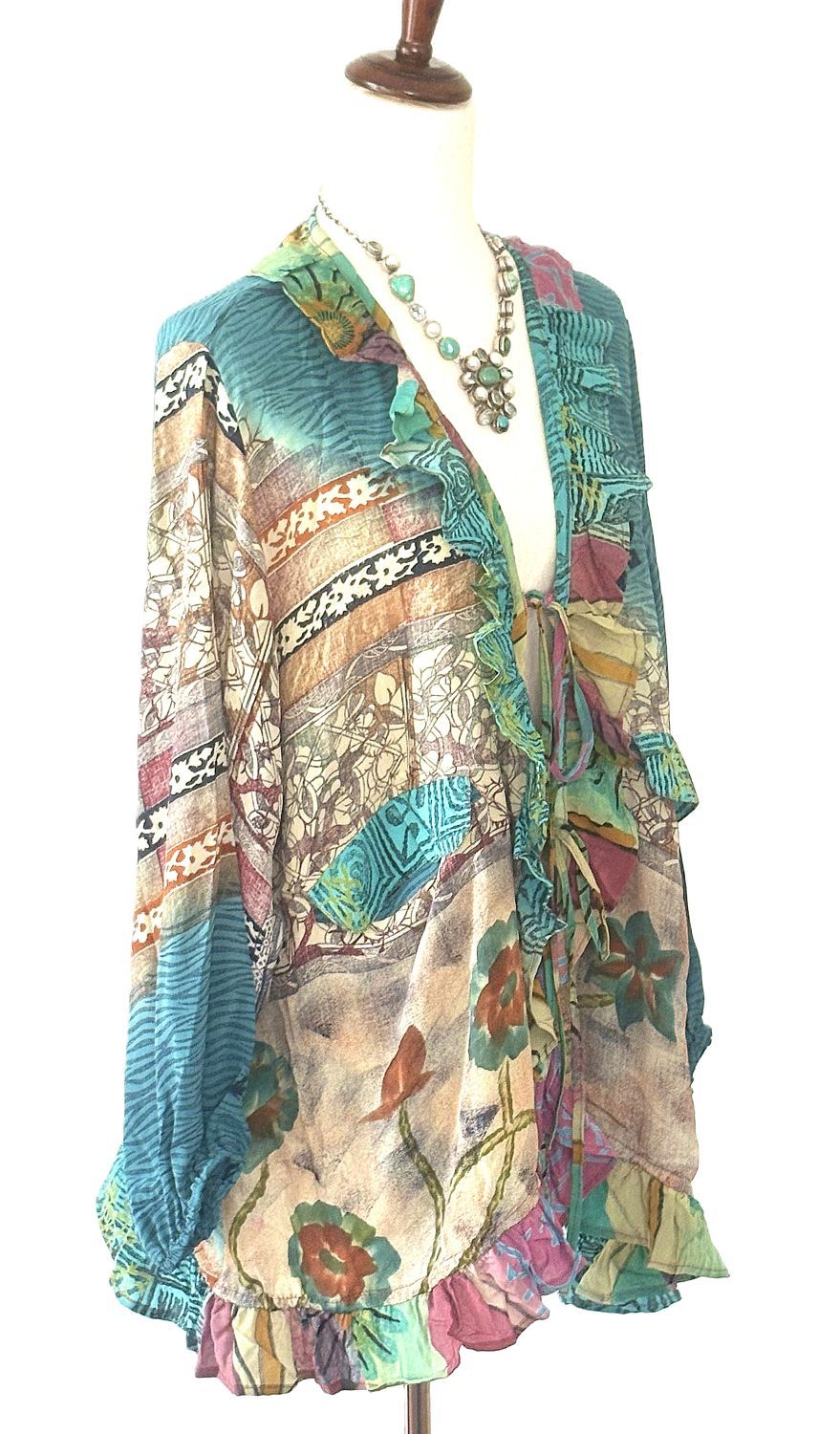 Kantha Bae Crepe Sari Ruffle Daisy Blouse (Aqua)