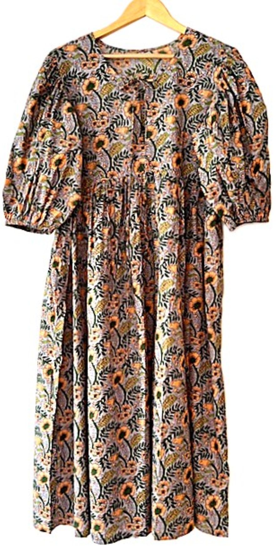 Dresses: Cotton Block Print Midi Is Delightful In Beige With Sunflowers
