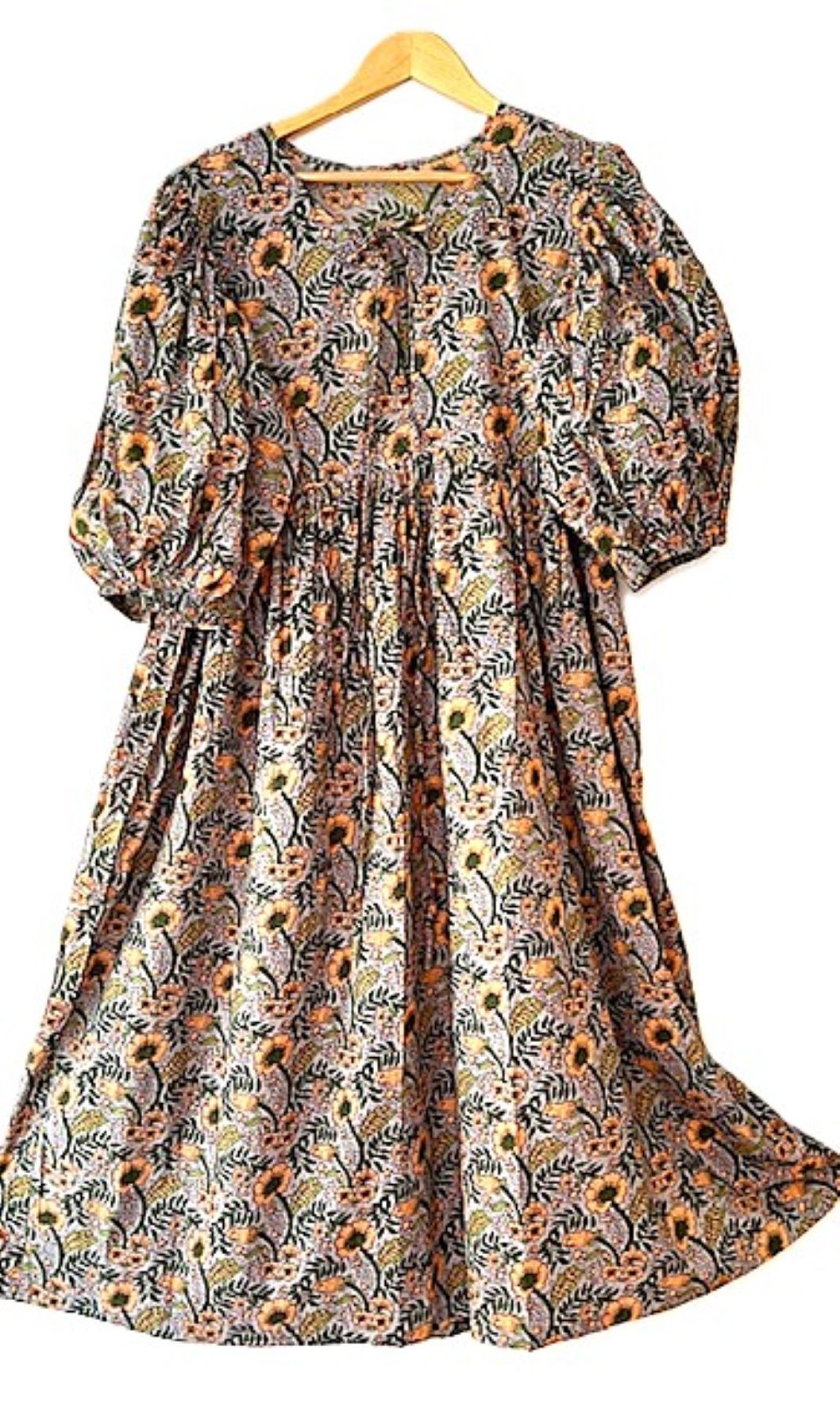 Dresses: Cotton Block Print Midi Is Delightful In Beige With Sunflowers