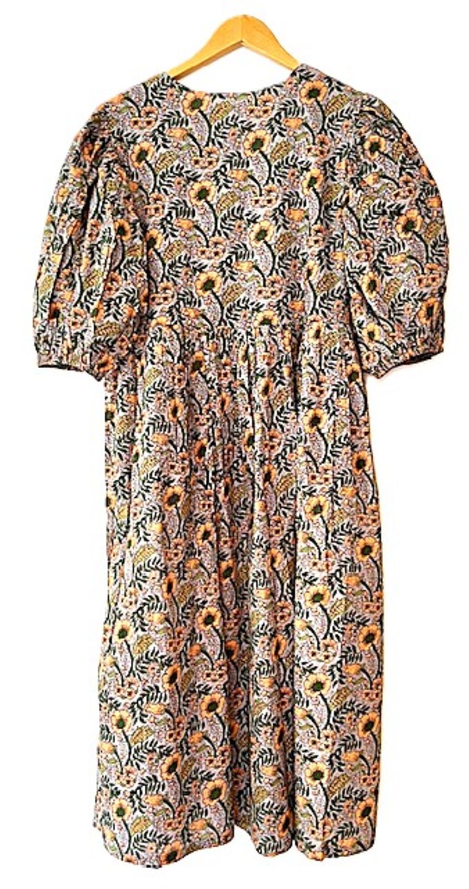 Dresses: Cotton Block Print Midi Is Delightful In Beige With Sunflowers