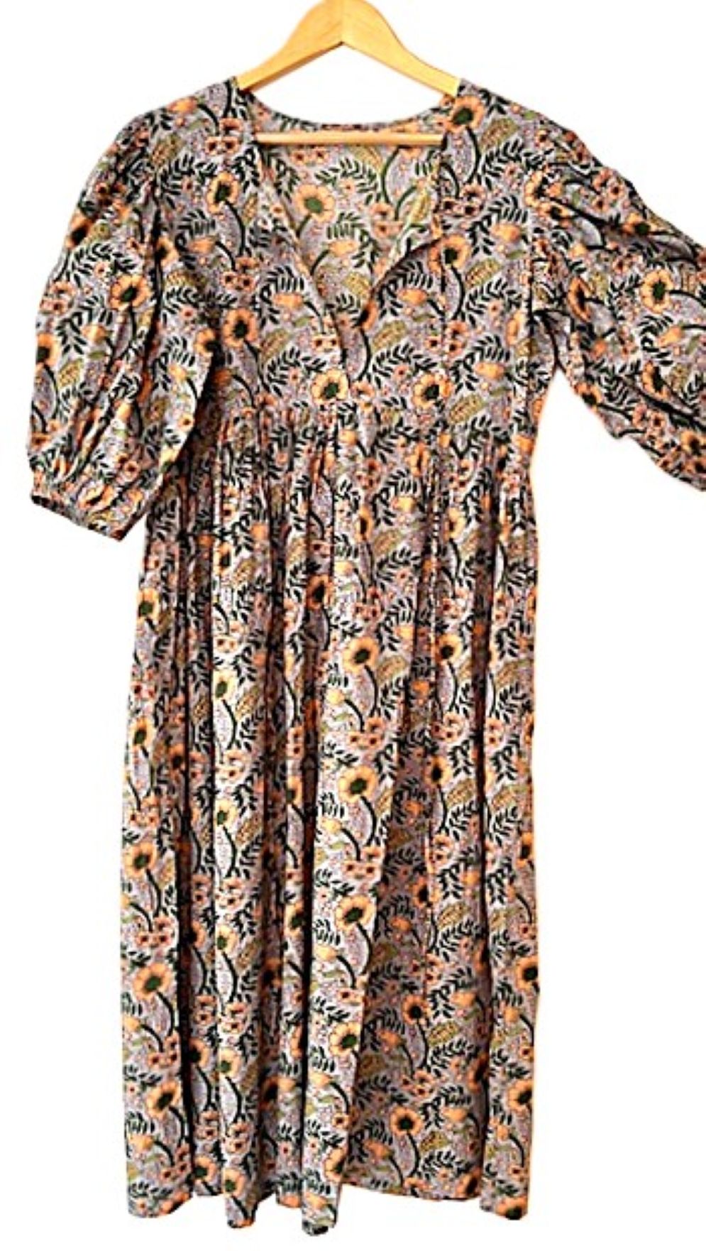 Dresses: Cotton Block Print Midi Is Delightful In Beige With Sunflowers