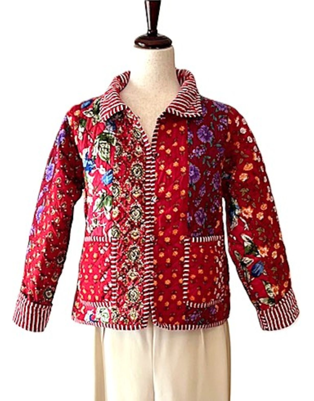 New Style: Collared Reversible Cotton Quilted Womens Jacket With Stripe Piping. (Red)