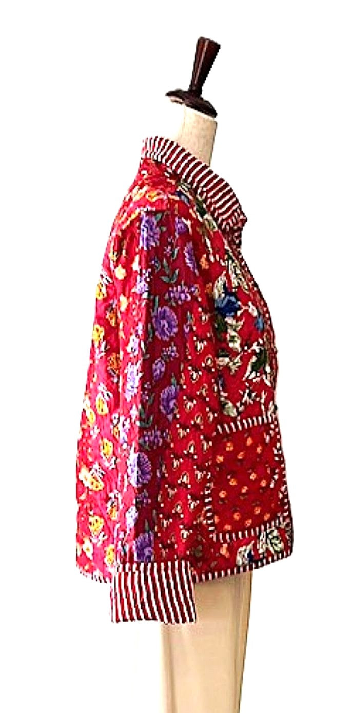 New Style: Collared Reversible Cotton Quilted Womens Jacket With Stripe Piping. (Red)