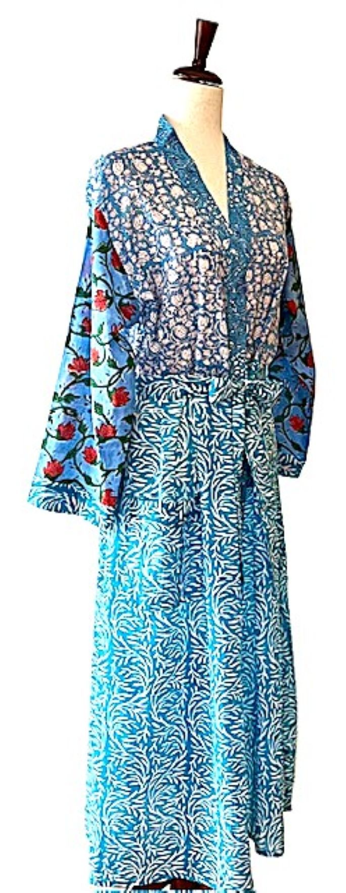 Hand Block Printed Cotton Kimono Crossover. Beautiful Blues.