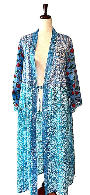 Hand Block Printed Cotton Kimono Crossover. Beautiful Blues.