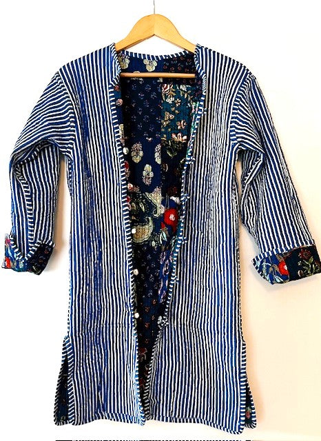 NEW Stroller Length Cotton Quilted Womens Jacket Reversible With Stripe Piping. (Floral)