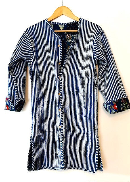 NEW Stroller Length Cotton Quilted Womens Jacket Reversible With Stripe Piping. (Floral)