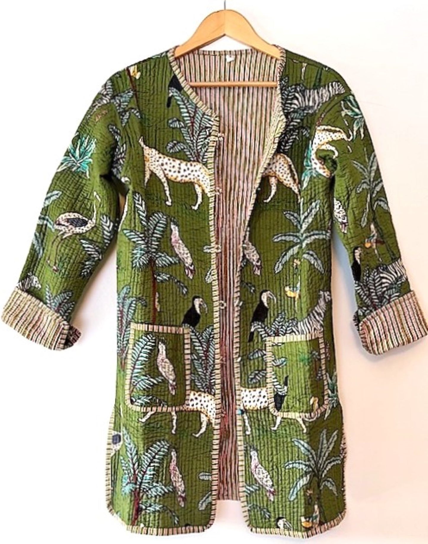 NEW Stroller Length Cotton Quilted Womens Jacket Reversible With Stripe Piping. (Safari)