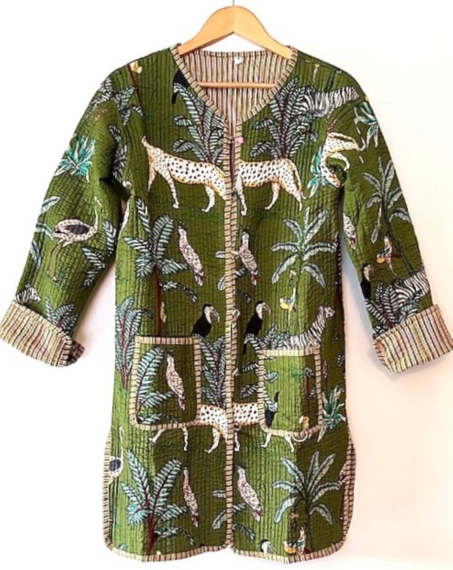 NEW Stroller Length Cotton Quilted Womens Jacket Reversible With Stripe Piping. (Safari)