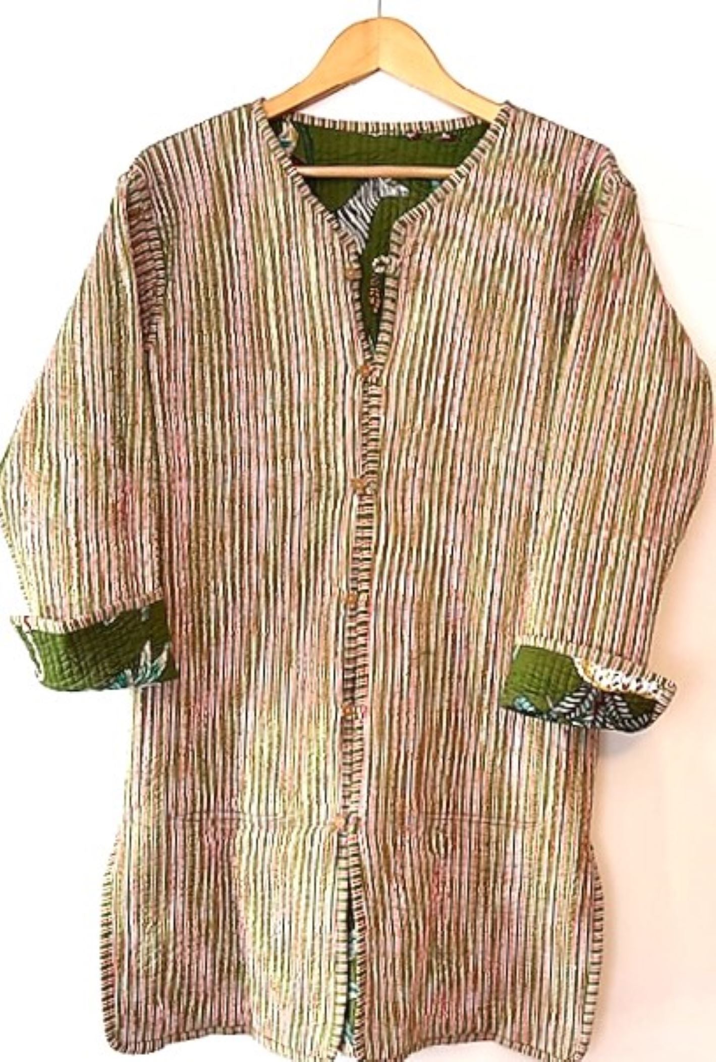 NEW Stroller Length Cotton Quilted Womens Jacket Reversible With Stripe Piping. (Safari)