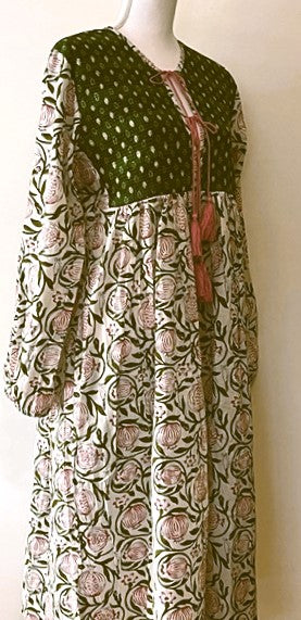 Embroidered Cotton Panel Dress Slims And Highlights The Figure (Olive)