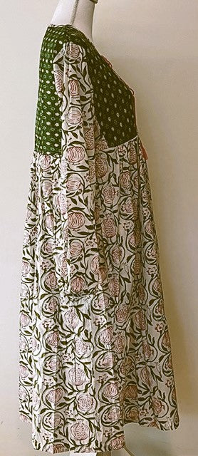 Embroidered Cotton Panel Dress Slims And Highlights The Figure (Olive)