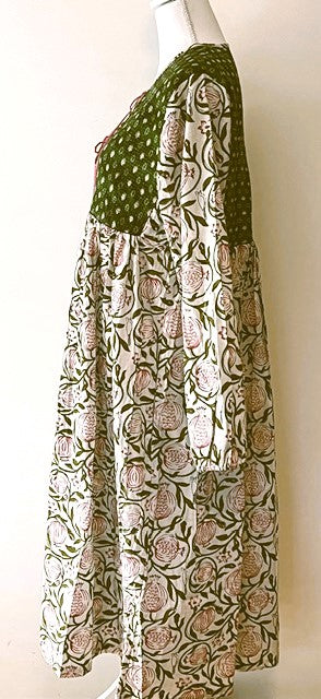 Embroidered Cotton Panel Dress Slims And Highlights The Figure (Olive)
