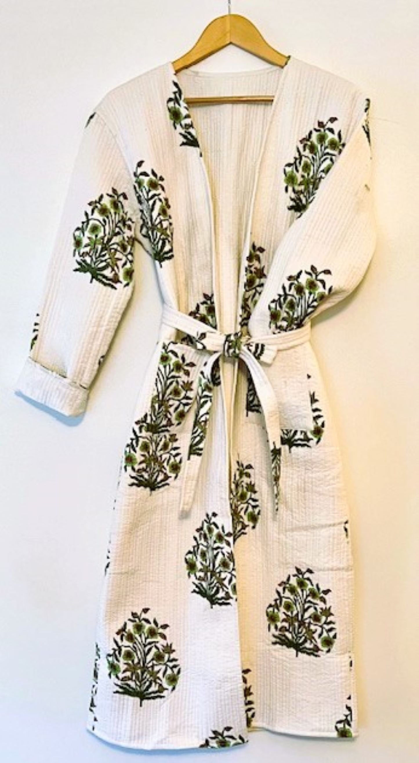 Block Print Cotton Kimono With Kantha Quilting. Fresh and Sopisticated. (White)