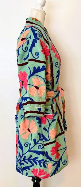 Stunning Suzani Kantha Quilt Short Jacket Is Colorful (Mint)