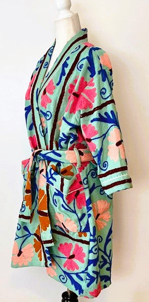 Stunning Suzani Kantha Quilt Short Jacket Is Colorful (Mint)