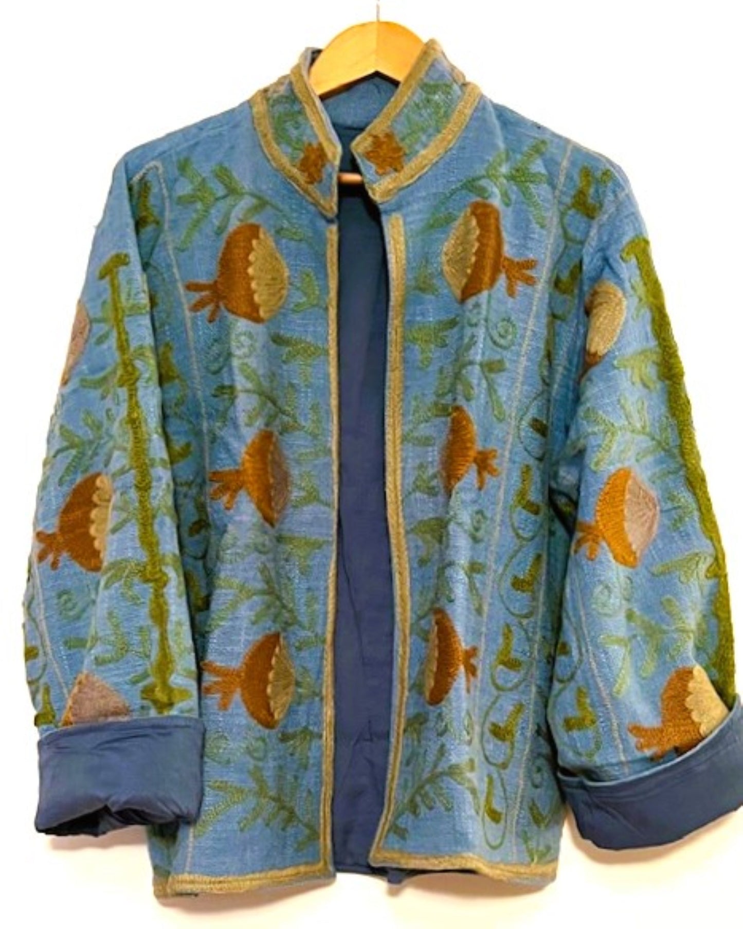 Wearable Art In This Hand Embroidered Short Jacket. (Blue)