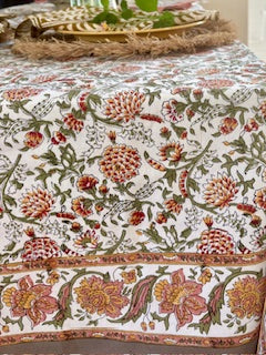 Table, Handmade Block Print Cotton Tablecloth: Complex Floral Print (60x90) (Fall Colors)
