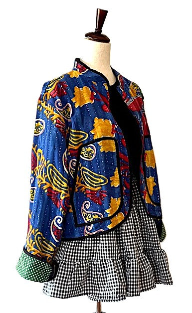Specialty Collection: Quilted Hand Embroidered Short Jacket. Fully Reversible. (Royal)