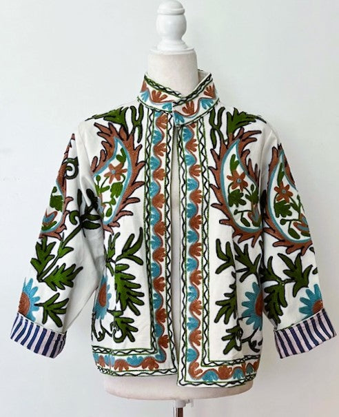 Wearable Art In This Hand Embroidered Short Jacket (Aqua and Rust on White)
