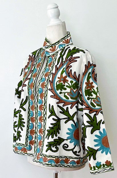 Wearable Art In This Hand Embroidered Short Jacket (Aqua and Rust on White)
