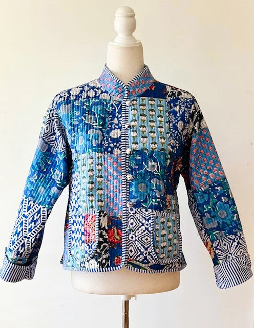 Luxe Reversible Cotton Quilted Womens Jacket With Stripe Piping Collar (Royal)