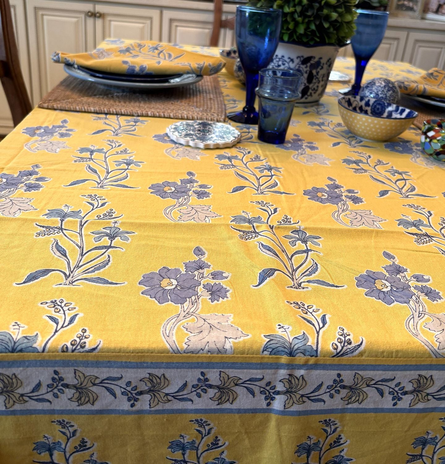 Floral Block Print Tablecloth, "Cornflower" Displays Spring Blooms. (60 X 90)