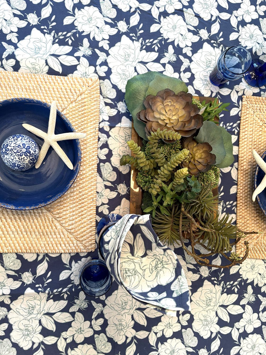 Floral Block Print Indigo Tablecloth, (60 X 90).