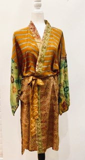 Top of the Line Silk Kimono Duster, Rich Mixed Print (Bronze Waves)
