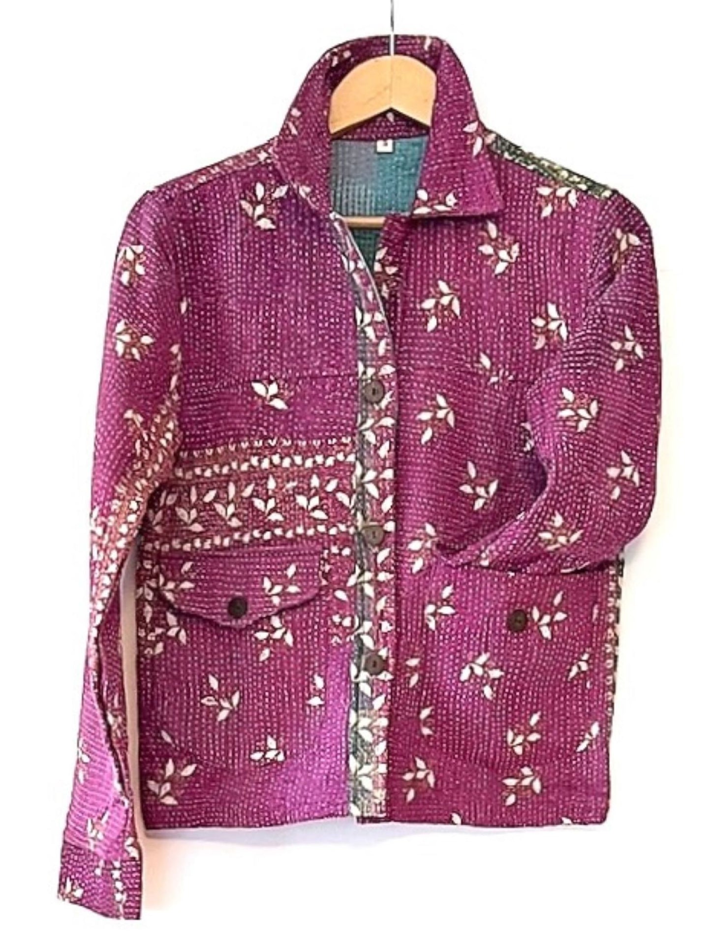 Beautiful Vintage Short Floral Kantha Jacket. (Raspberry)
