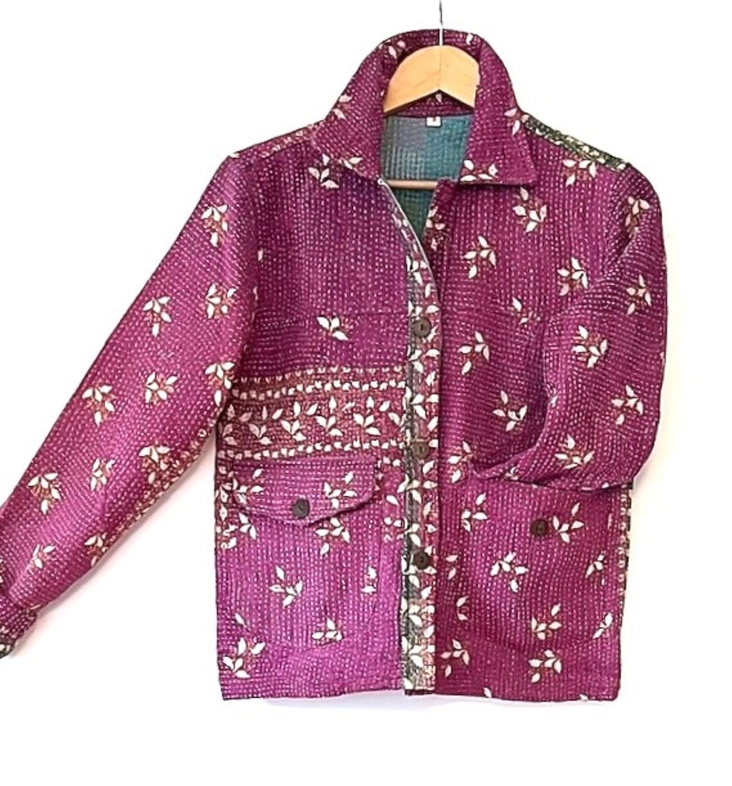 Beautiful Vintage Short Floral Kantha Jacket. (Raspberry)