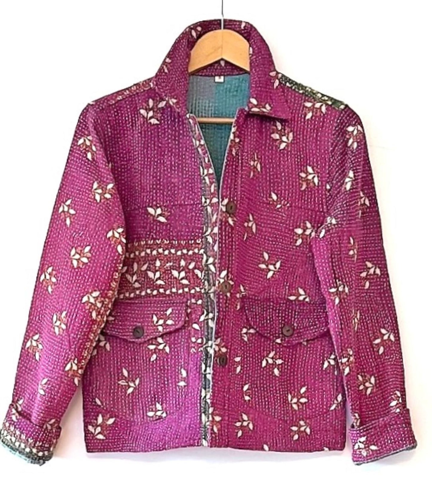 Beautiful Vintage Short Floral Kantha Jacket. (Raspberry)