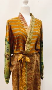Top of the Line Silk Kimono Duster, Rich Mixed Print (Bronze Waves)