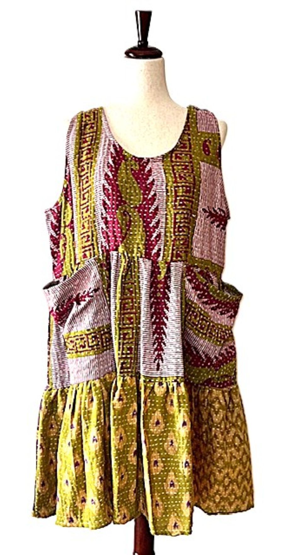 Kantha Bae Quilted Meadow Mini Dress. Comfortable Chic (Pink Olive)