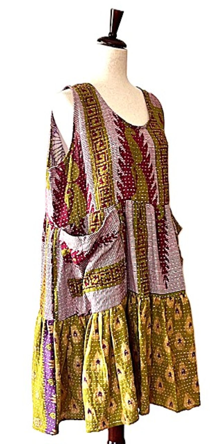 Kantha Bae Quilted Meadow Mini Dress. Comfortable Chic (Pink Olive)