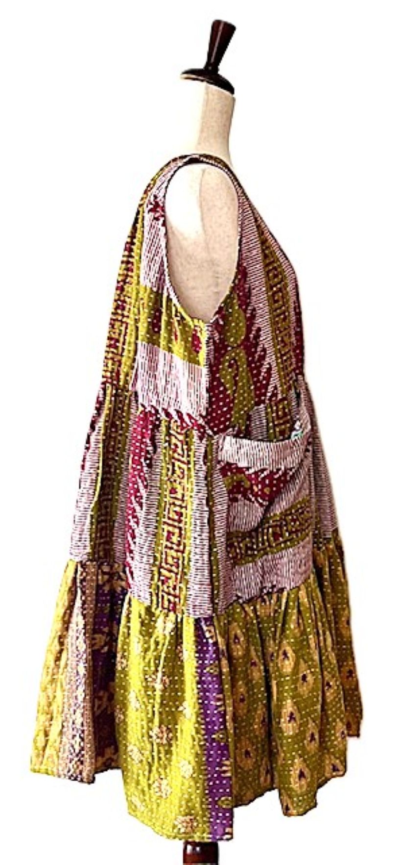 Kantha Bae Quilted Meadow Mini Dress. Comfortable Chic (Pink Olive)
