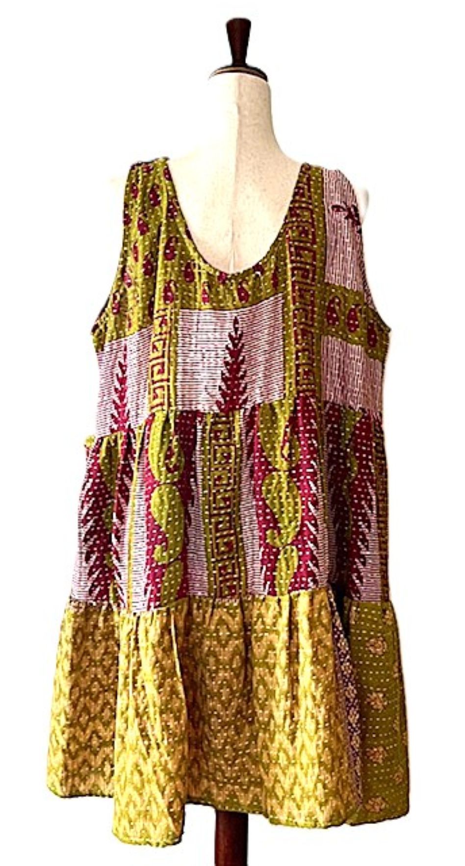 Kantha Bae Quilted Meadow Mini Dress. Comfortable Chic (Pink Olive)