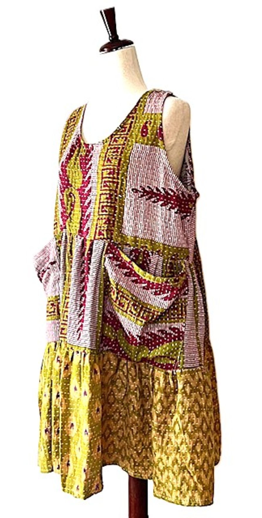 Kantha Bae Quilted Meadow Mini Dress. Comfortable Chic (Pink Olive)