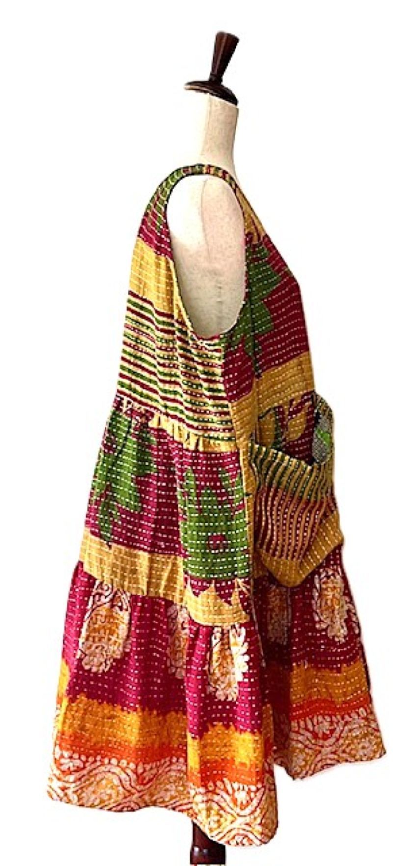 Kantha Bae Quilted Meadow Mini Dress. Comfortable Chic (Olive Red)